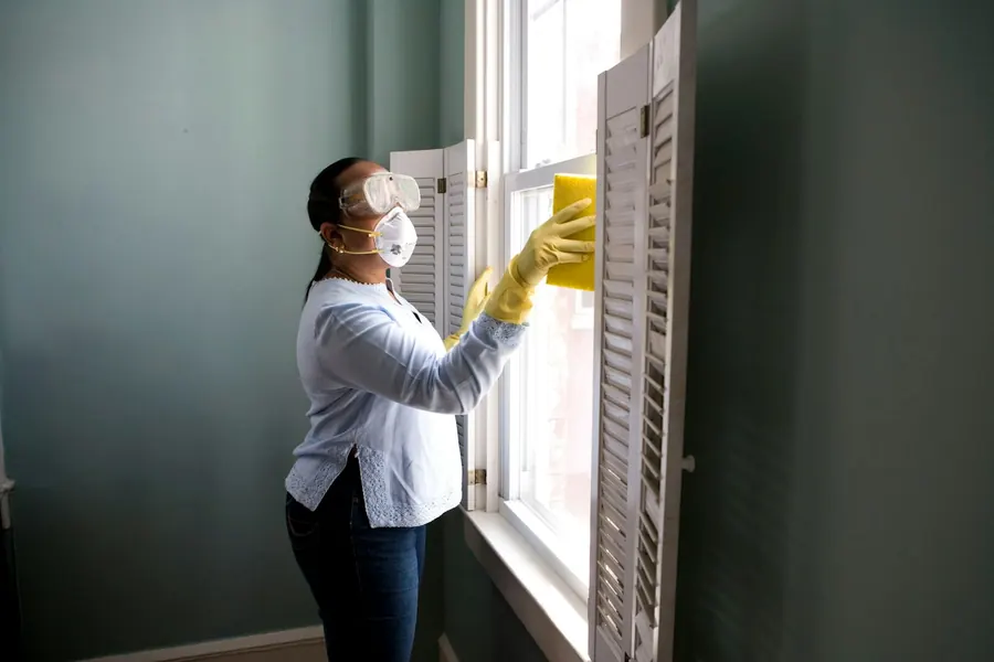 Persona limpiando una ventana de vivienda